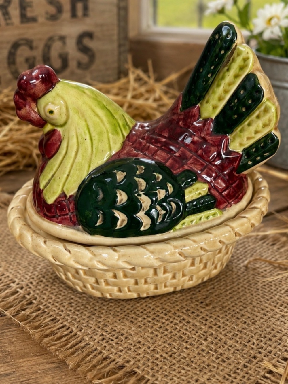 Vintage Mid Century Hen on Basket Covered Chicken Ceramic Metlox Poppy Trail